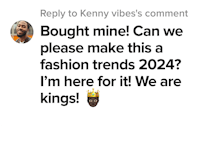 a text message that says, bought mine can please please a fashion trends a 2024